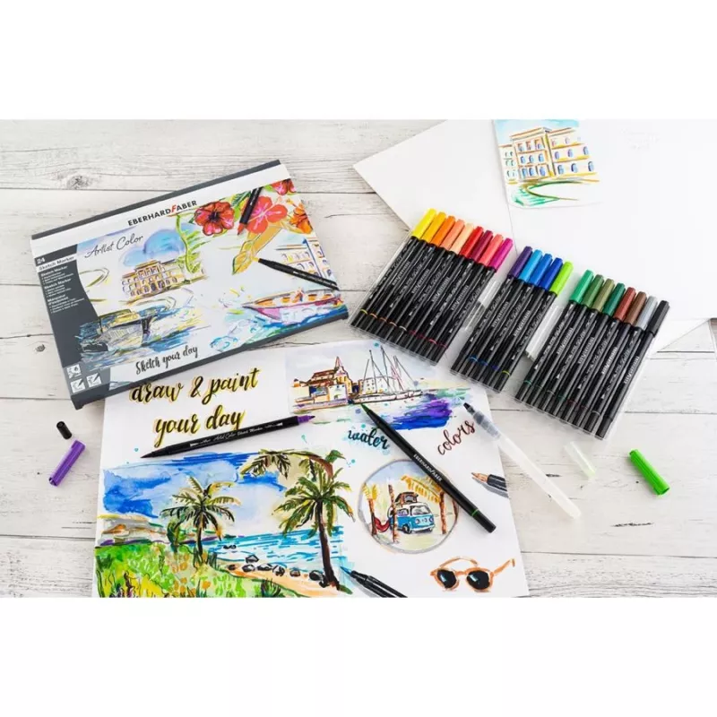 Conjunto de canetas de dupla ponta Faber-Castell Eberhard Faber Artist Color com 24 canetas, pontas fineliner e pincel, várias cores 558224