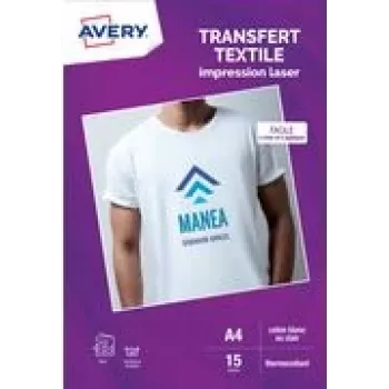 Papel de transferência para t-shirts Avery A4 branco para tecidos claros, impressoras laser, 15 folhas (C9403-15)
