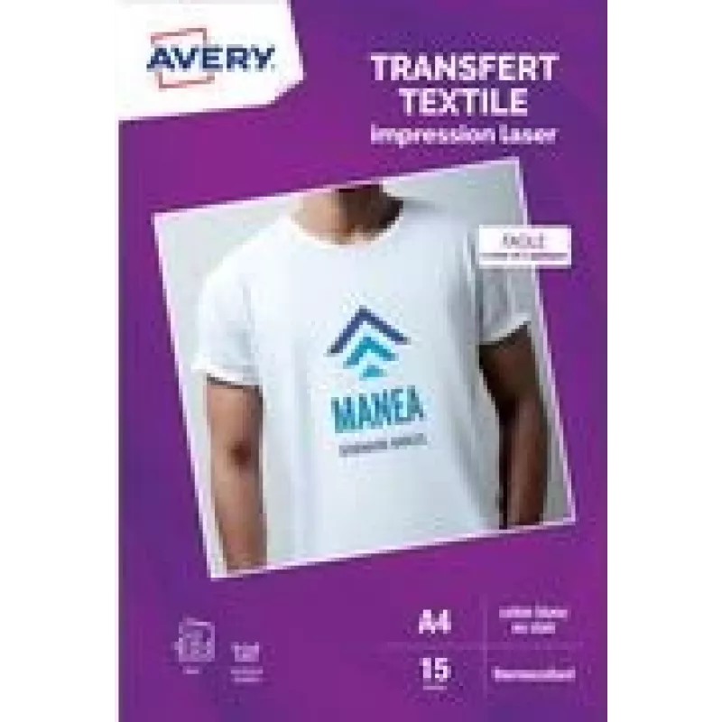 Papel de transferência para t-shirts Avery A4 branco para tecidos claros, impressoras laser, 15 folhas (C9403-15)