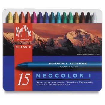Lápis de cera Caran d'Ache Neocolor I, 15 cores diferentes, redondos, invólucro de papel, lata metálica 7000.315
