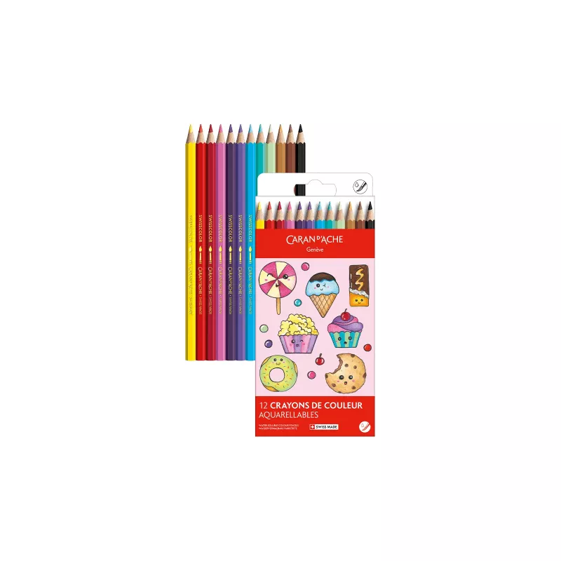Lápis de cor aguareláveis Caran d'Ache Swisscolor Kawaii Candy, conjunto de 12, sextavados, madeira de cedro 1285.802