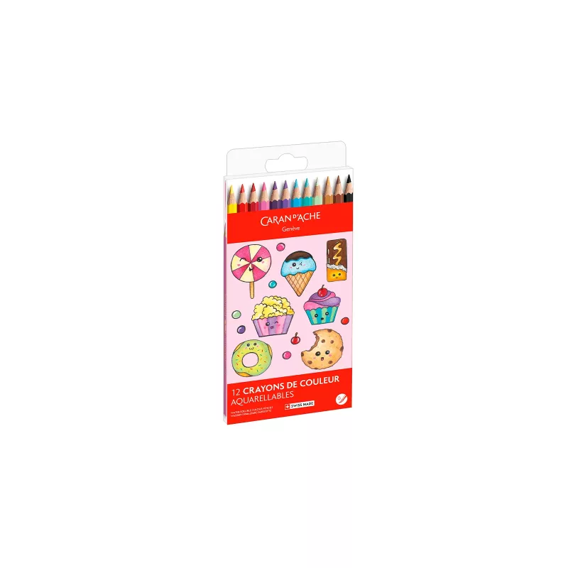 Lápis de cor aguareláveis Caran d'Ache Swisscolor Kawaii Candy, conjunto de 12, sextavados, madeira de cedro 1285.802
