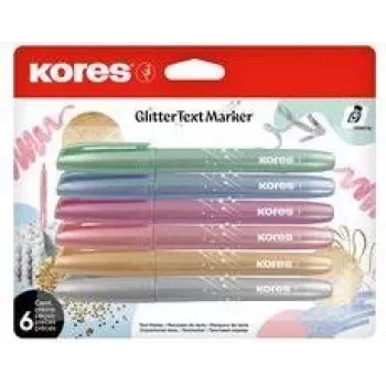 Conjunto de marcadores de texto com glitter Kores, ponta chanfrada 3-5 mm, 6 cores glitter brilhantes, à base de água, secagem rápida, resistente a borrões, tampa ventilada, não tóxico TM36300