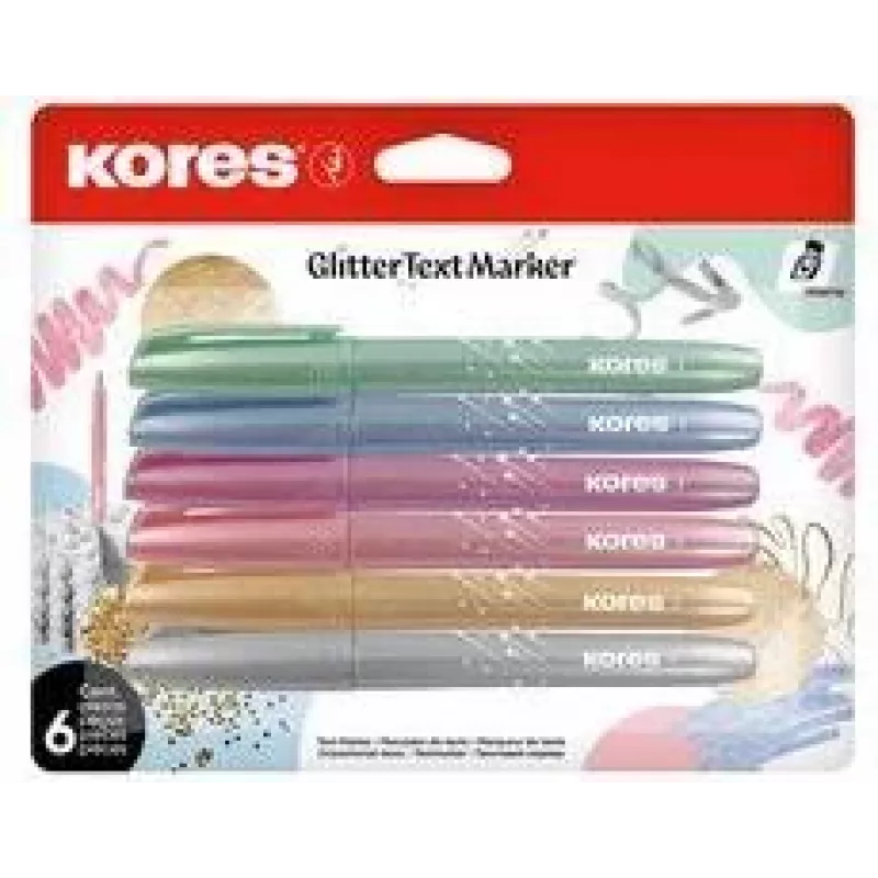Conjunto de marcadores de texto com glitter Kores, ponta chanfrada 3-5 mm, 6 cores glitter brilhantes, à base de água, secagem rápida, resistente a borrões, tampa ventilada, não tóxico TM36300