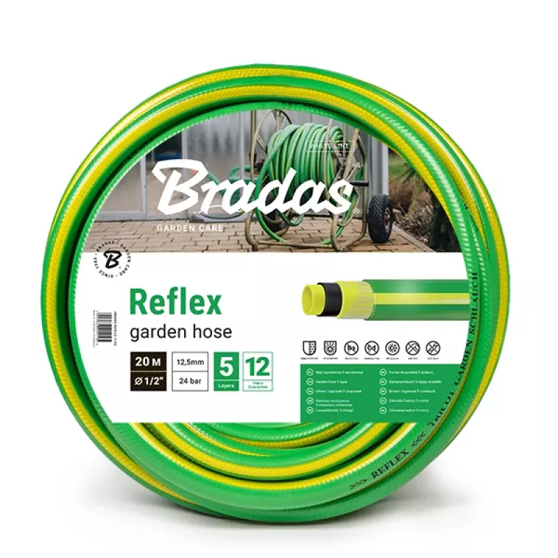 Mangueira de jardim Bradas REFLEX, 1/2 polegadas, 50 m, 5 camadas com reforço de poliéster TRICOT, verde/amarelo WFR1/250