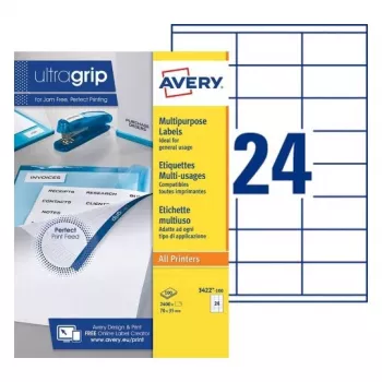 Etiquetas multiusos AVERY 70 x 35 mm branco Ultragrip, 2400 etiquetas (3422-100.FR)
