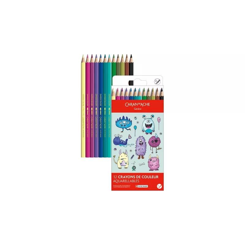 Lápis de cor aguareláveis Caran d'Ache Swisscolor Kawaii Monsters, conjunto de 12, madeira de cedro hexagonal 1285.801