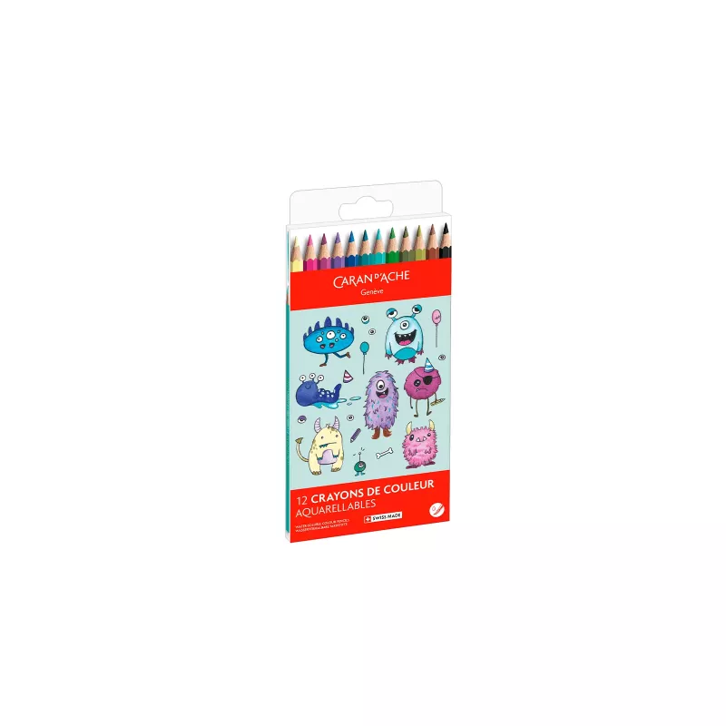 Lápis de cor aguareláveis Caran d'Ache Swisscolor Kawaii Monsters, conjunto de 12, madeira de cedro hexagonal 1285.801