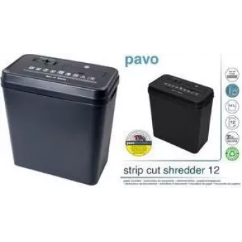 Destruidora de documentos de corte em tiras PAVO 12 folhas, tiras de 6 mm, entrada de 220 mm, depósito de 18 L, preto (8000784)