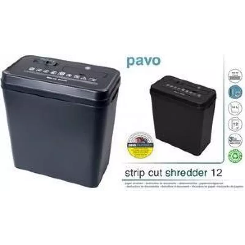Destruidora de documentos de corte em tiras PAVO 12 folhas, tiras de 6 mm, entrada de 220 mm, depósito de 18 L, preto (8000784)