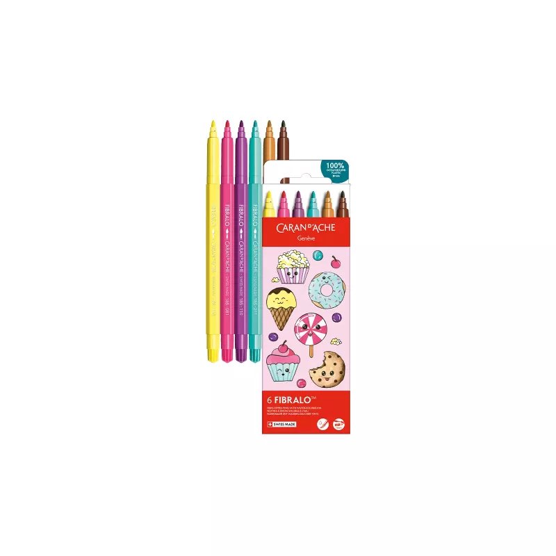 CARAN D'ACHE Fibralo Kawaii Candy marcadores de fibra, conjunto de 6, à base de água, tinta solúvel em água, utilizável a seco ou húmido (185.802)
