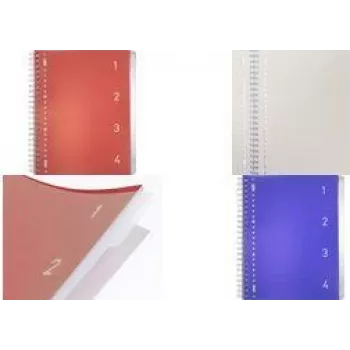 Kangaro Bloco 4-em-1, DIN A4, 100 folhas, pautado, capa PP vermelha, papel 80 g/m², 4 separadores deslocáveis – 1 unid. (K-58380)