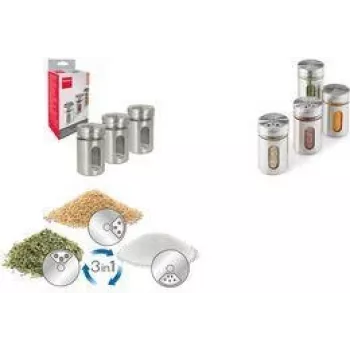 Conjunto de 3 dispensadores de especiarias Metaltex Shake Line, vidro com tampas giratórias em aço inoxidável e plástico, 100 ml cada 259851000