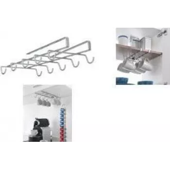 Suporte de canecas sob armário My-Mug Metaltex, prateado metálico, 6 canecas, metal revestido resistente à ferrugem, sem perfuração 364928039