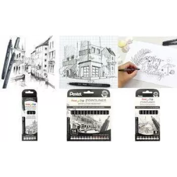 PentelArts Fineliner permanente Pointliner conjunto de 8 peças, preto, 0,03 mm a 0,8 mm + pincel YS20P-8
