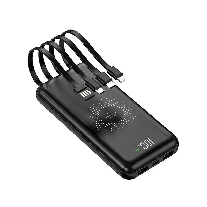 Powerbank sem fios MRDISC PB-LEOsmart 10000mAh com cabos integrados, carregamento rápido PD22.5W, saída sem fios 15W, Preto