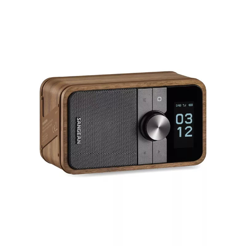 Rádio portátil DAB+ Sangean DDR-8 com acabamento em madeira maciça de nogueira