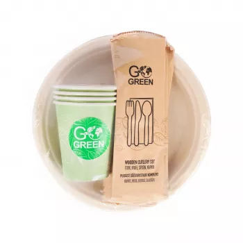 Conjunto de louça de piquenique compostável GOGREEN para 4 pessoas, 24 peças, de origem vegetal, branco natural