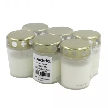 Velas de campa com tampa CANDELA, conjunto de 6, ~20h de duração, brancas