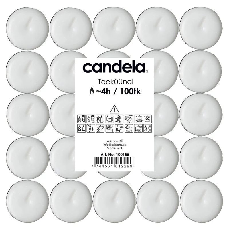 Velas de chá CANDELA 100 unid., brancas, sem perfume, 4 h de duração