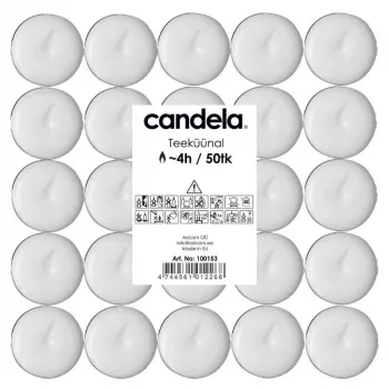 Velas de chá CANDELA 50 unid., brancas, sem perfume, 4 h de duração, copos de alumínio