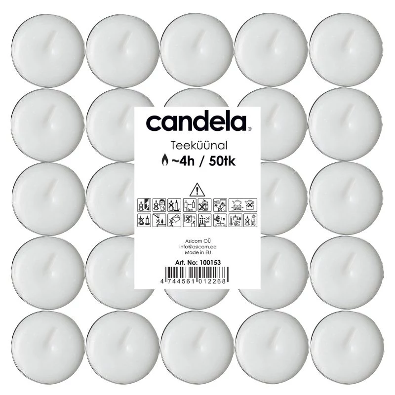 Velas de chá CANDELA 50 unid., brancas, sem perfume, 4 h de duração, copos de alumínio