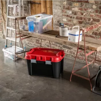 KETER caixa de armazenamento DIY Totem 60L com tampa, 59 x 39,5 x 36 cm, preto/vermelho