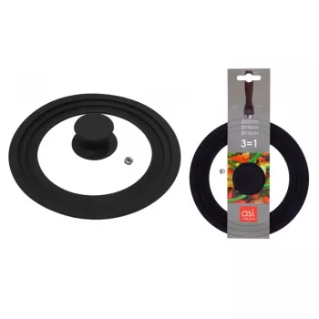 ASI COLLECTION Tampa universal com rebordo de silicone 3-em-1, Ø16/18/20cm, vidro temperado, silicone preto