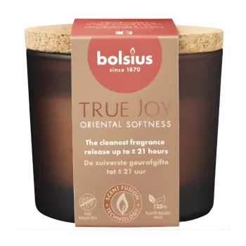 Bolsius True Joy Oriental Softness vela perfumada em vidro com tampa de cortiça, Ø66x83 mm