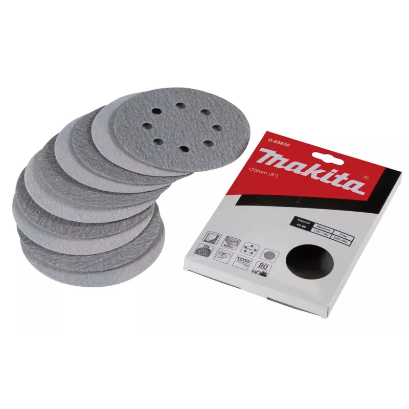 Makita D-65838 Disco de lixa 125mm P80 grão pack de 10 fixação de velcro 8 furos