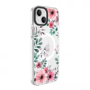 Evelatus iPhone 15 Plus Capa transparente MagSafe com padrão floral