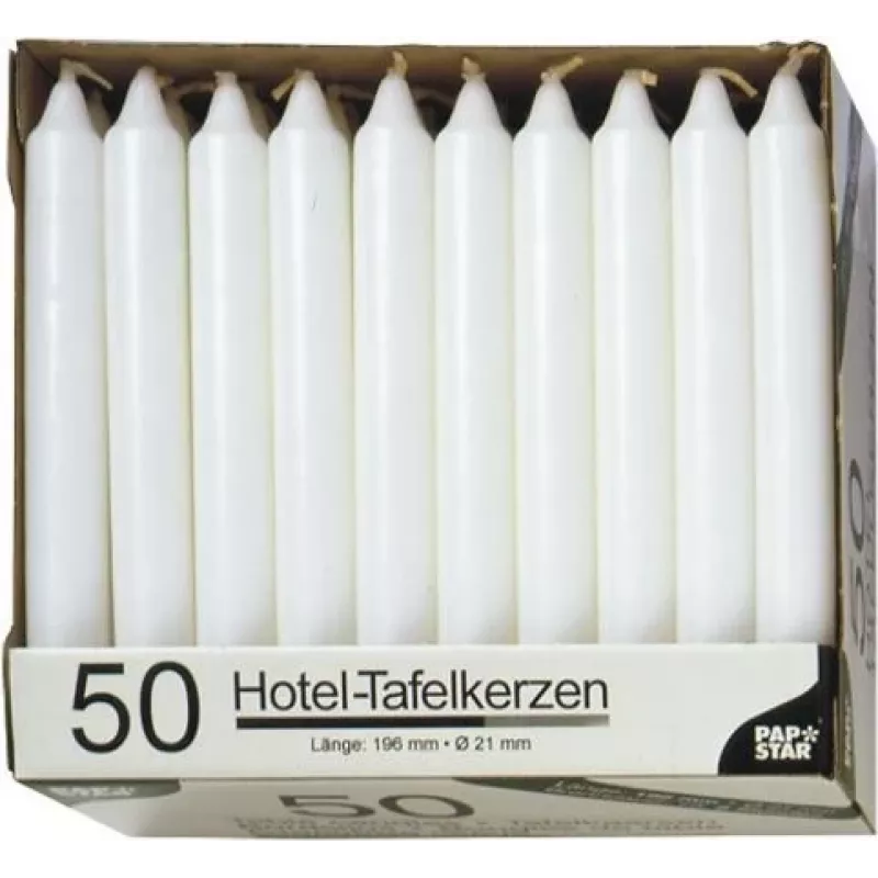 PAPSTAR vela fina branca 196 mm altura 22 mm diâmetro, 100 unidades, parafina, 7 h de duração
