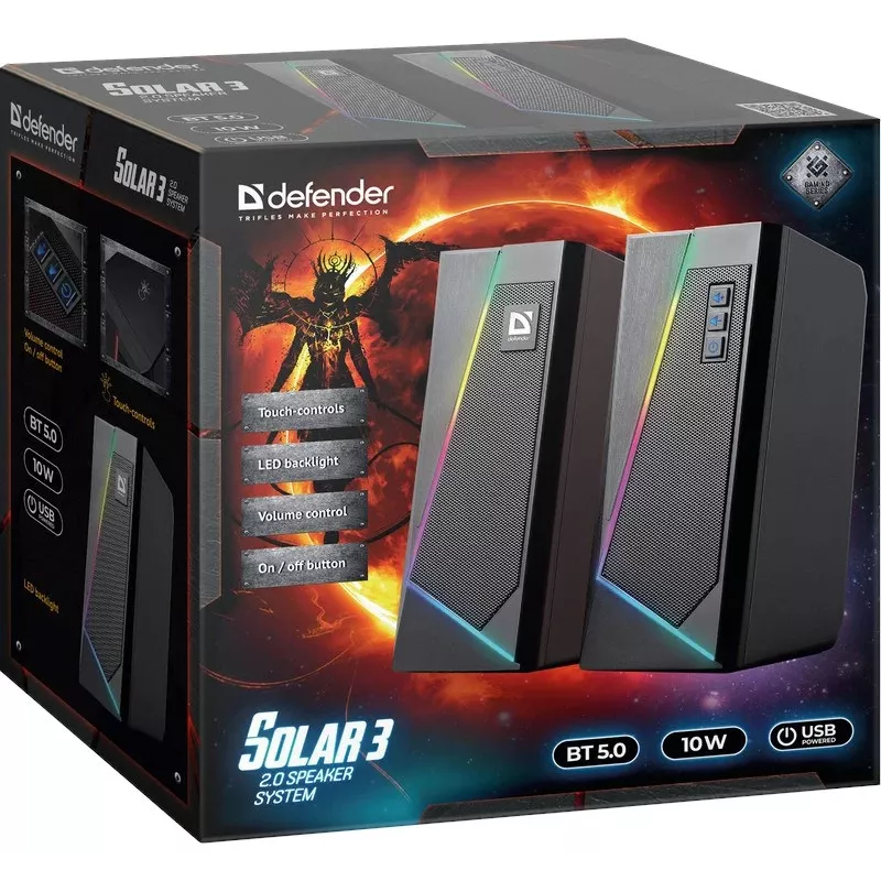 Altifalante Bluetooth Defender Solar 3 2.0, 10W, LED, USB, preto
