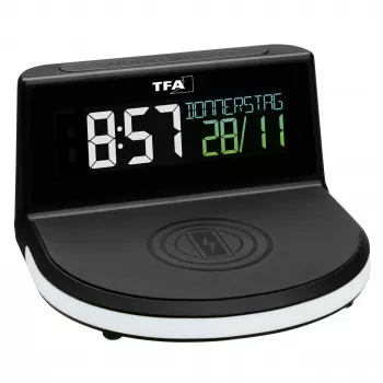 TFA Dostmann 60.2028.01 despertador digital com base de carregamento para carregamento sem fios CHARGE