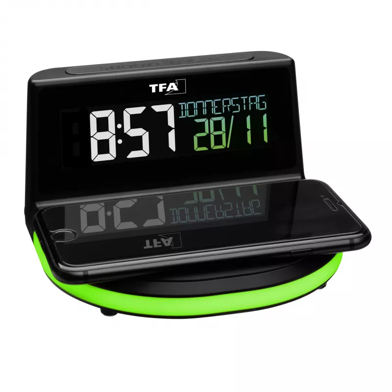 TFA Dostmann 60.2028.01 despertador digital com base de carregamento para carregamento sem fios CHARGE
