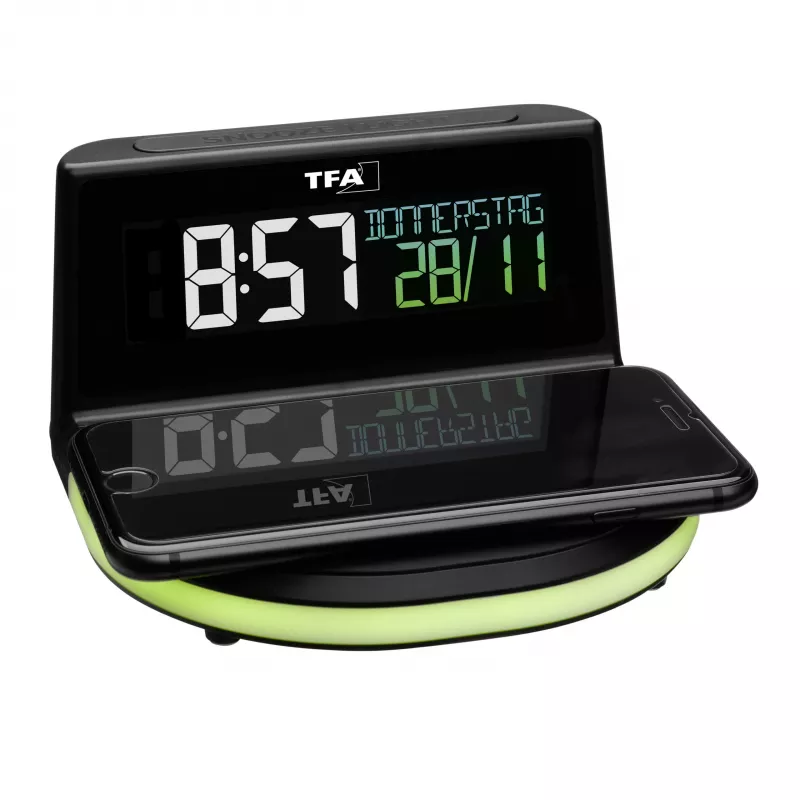 TFA Dostmann 60.2028.01 despertador digital com base de carregamento para carregamento sem fios CHARGE