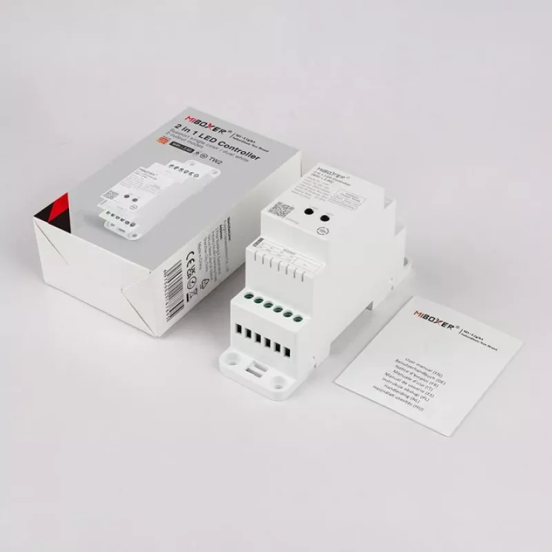 MiBoxer TW2 Controlador LED de calha 2-em-1 para fitas LED monocromáticas e CCT, DC12/24V, WiFi + 2,4GHz RF