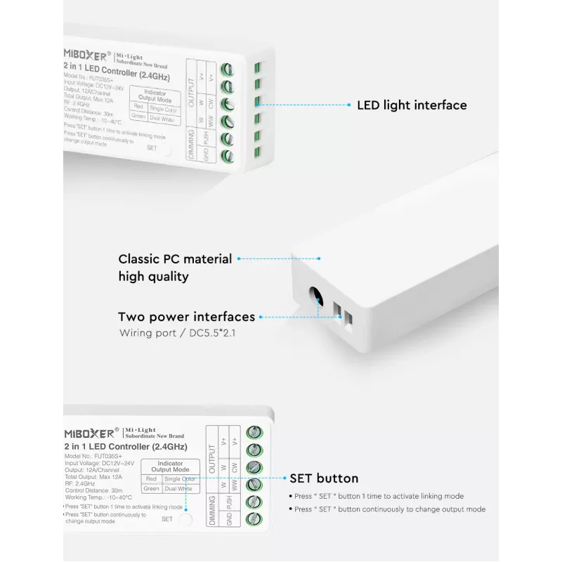 MiBoxer FUT035S+16kHz Controlador LED 2 em 1 Dual White (DC12/24V, 2,4GHz, 16kHz sem cintilação)