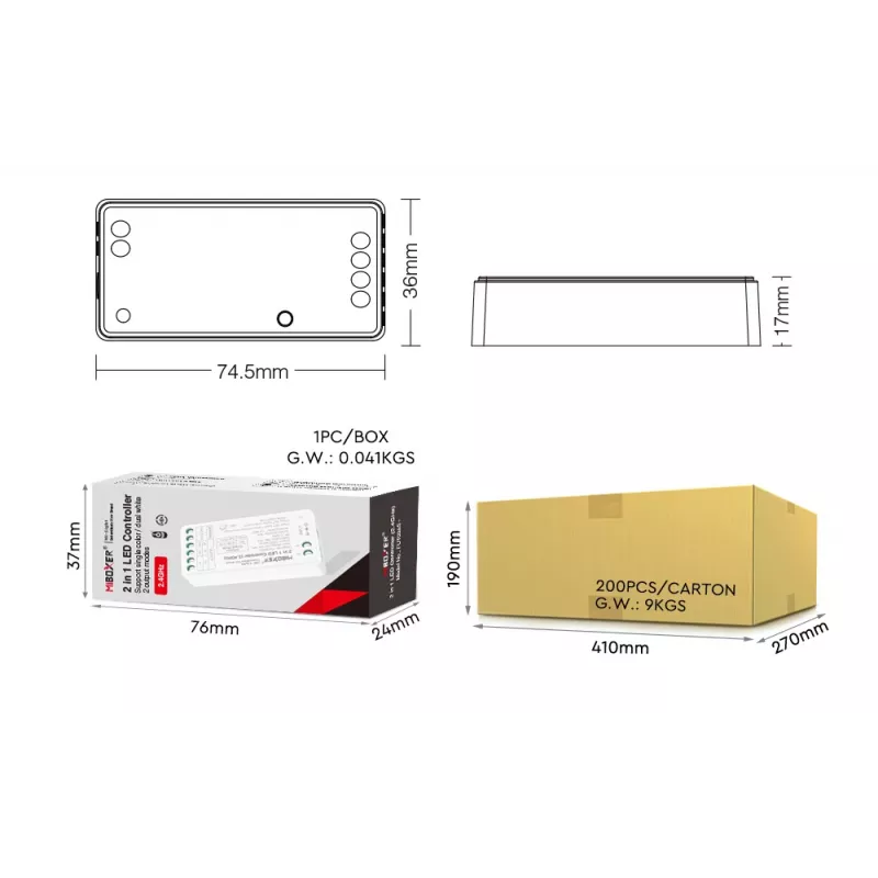 MiBoxer FUT035S+16kHz Controlador LED 2 em 1 Dual White (DC12/24V, 2,4GHz, 16kHz sem cintilação)