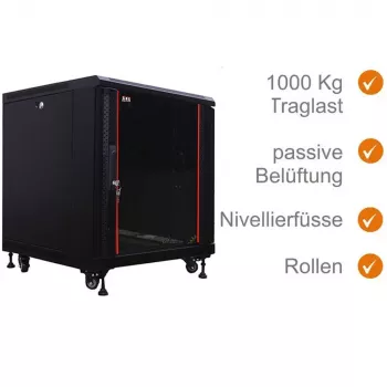 IT-BUDGET Armário de rede 19 polegadas SRK - 12U - 600x600 mm - Porta de vidro/aço - Flatpack - Preto (90ITB19SRK1266GSN)