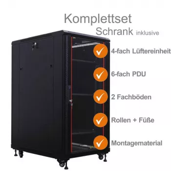 IT-BUDGET Armário de rede 19 polegadas SRK Conjunto completo - 27U - 600x800 mm - Porta de vidro/maciça - 4 ventoinhas ativas - PDU - Prateleiras - Flatpack - Preto (90ITB19SRK2768GS)