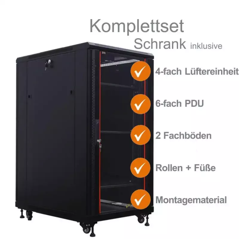IT-BUDGET Armário de rede 19 polegadas SRK Conjunto completo - 27U - 600x800 mm - Porta de vidro/maciça - 4 ventoinhas ativas - PDU - Prateleiras - Flatpack - Preto (90ITB19SRK2768GS)