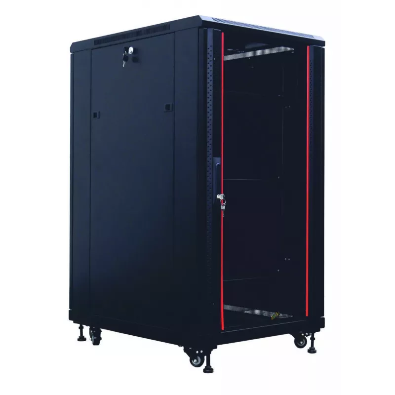 IT-BUDGET Armário de rede 19 polegadas SRK Conjunto completo - 27U - 600x800 mm - Porta de vidro/maciça - 4 ventoinhas ativas - PDU - Prateleiras - Flatpack - Preto (90ITB19SRK2768GS)