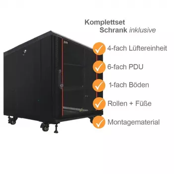 IT-BUDGET Armário de rede 19 polegadas SRK Conjunto completo 12U 600x600 mm Porta de vidro/aço 4 ventoinhas PDU prateleiras Flatpack Preto 90ITB19SRK1266GS