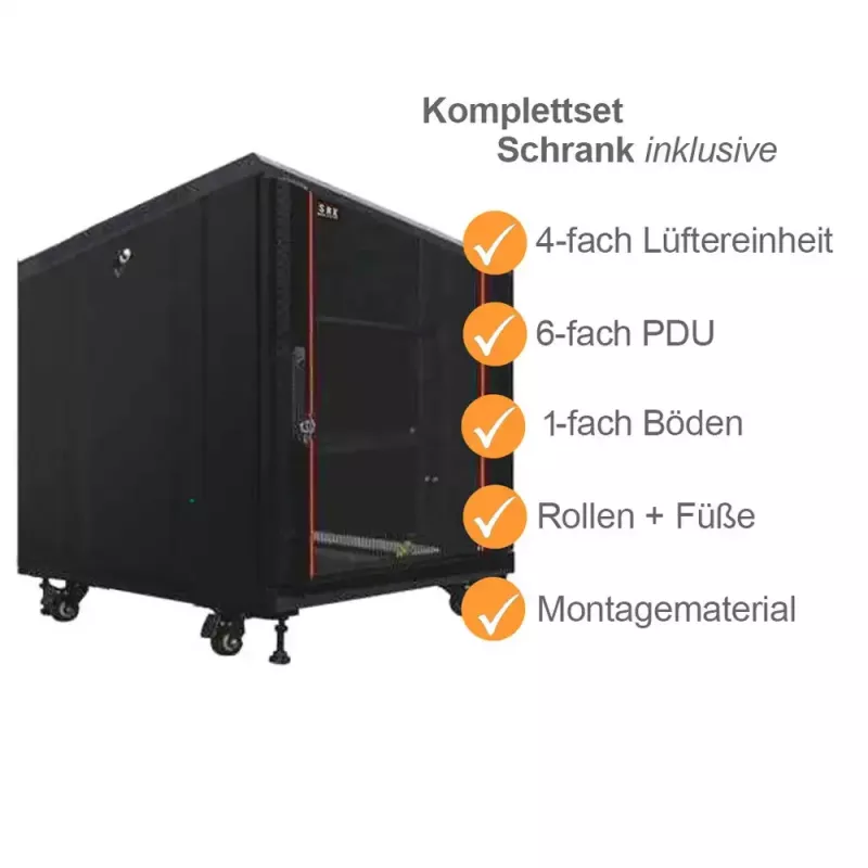 IT-BUDGET Armário de rede 19 polegadas SRK Conjunto completo 12U 600x600 mm Porta de vidro/aço 4 ventoinhas PDU prateleiras Flatpack Preto 90ITB19SRK1266GS