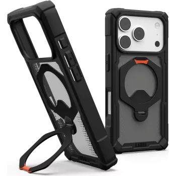 UAG Urban Armor Gear Plasma XTE 360 MagSafe capa com suporte kickstand para Apple iPhone 18 Pro/17 Pro - cinzento transparente com detalhes preto e laranja 114573114097