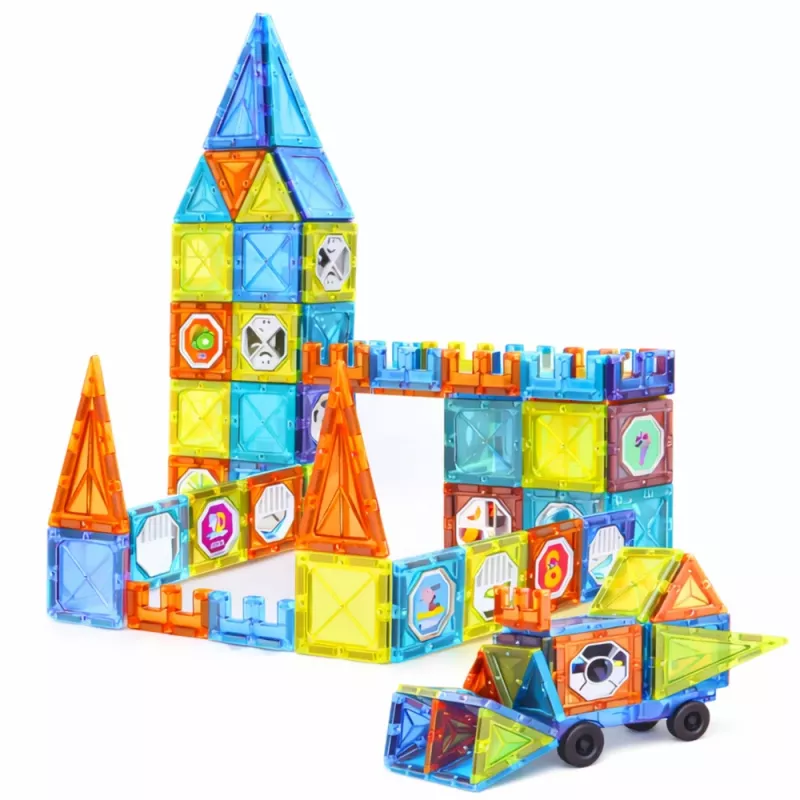 LEAN TOYS blocos de construção magnéticos com janelas e autocolantes 3D de veículos, 138 peças