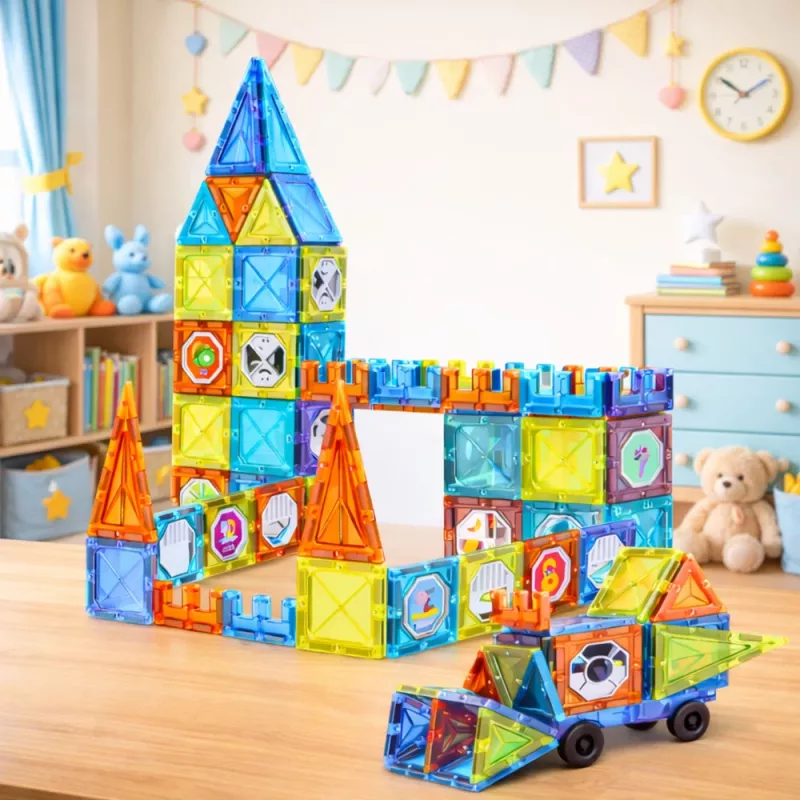LEAN TOYS blocos de construção magnéticos com janelas e autocolantes 3D de veículos, 138 peças