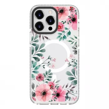 Capa Evelatus para Apple iPhone 15 Pro Max PC+TPU com MagSafe - padrão floral transparente