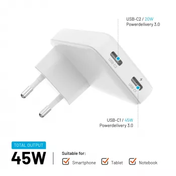 Fixed Slim carregador de viagem 2xUSB-C 65W GaN PD branco